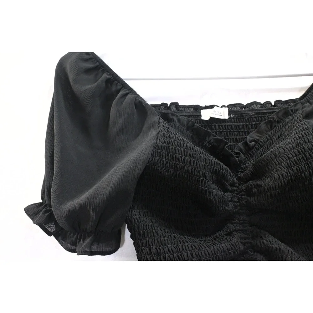 Active USA Black Smocked Crop Top Puff Sleeve Ruched Tie Front Blouse M Y2K Sexy